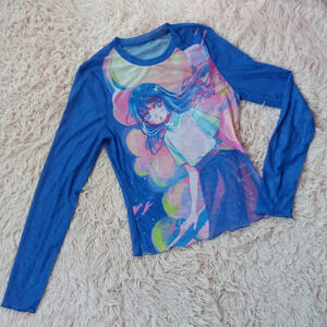 Sheer Mesh blue anime babe kawaii top! So unique! Sold out online! Nwot